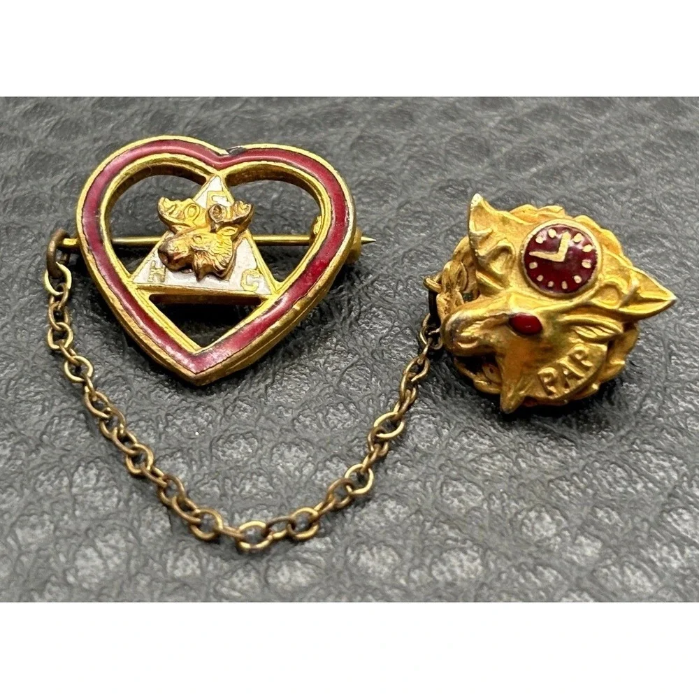 VTG Gold Filled Fraternal Women of the Moose Lodge Red Enamel Heart Chain Pin